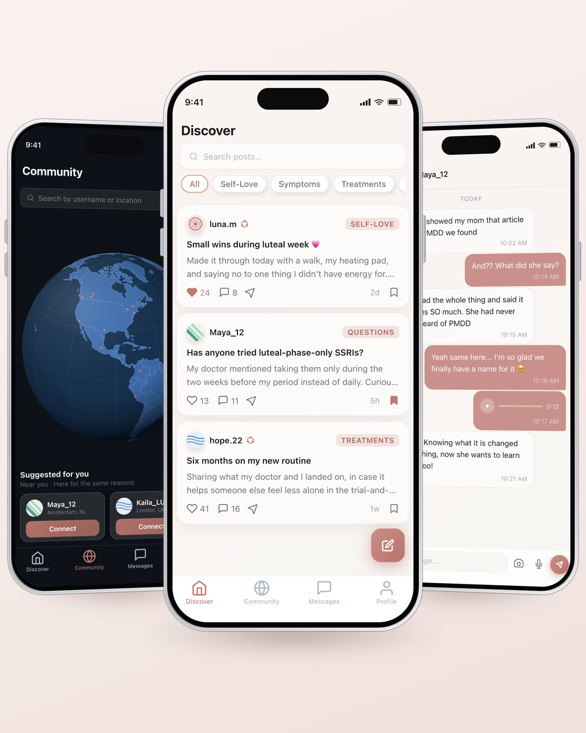 Reni app screens: community feed, member globe, and one on one chat