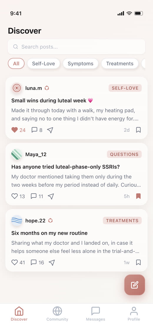 The Reni community feed with real posts about PMDD